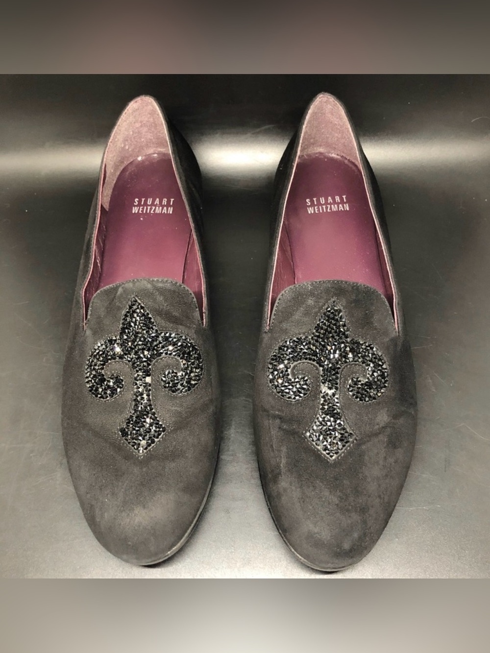 Stuart Weitzman Black Suede Loafers w/ Crystal Fleur-de-Lis Size 7 M
